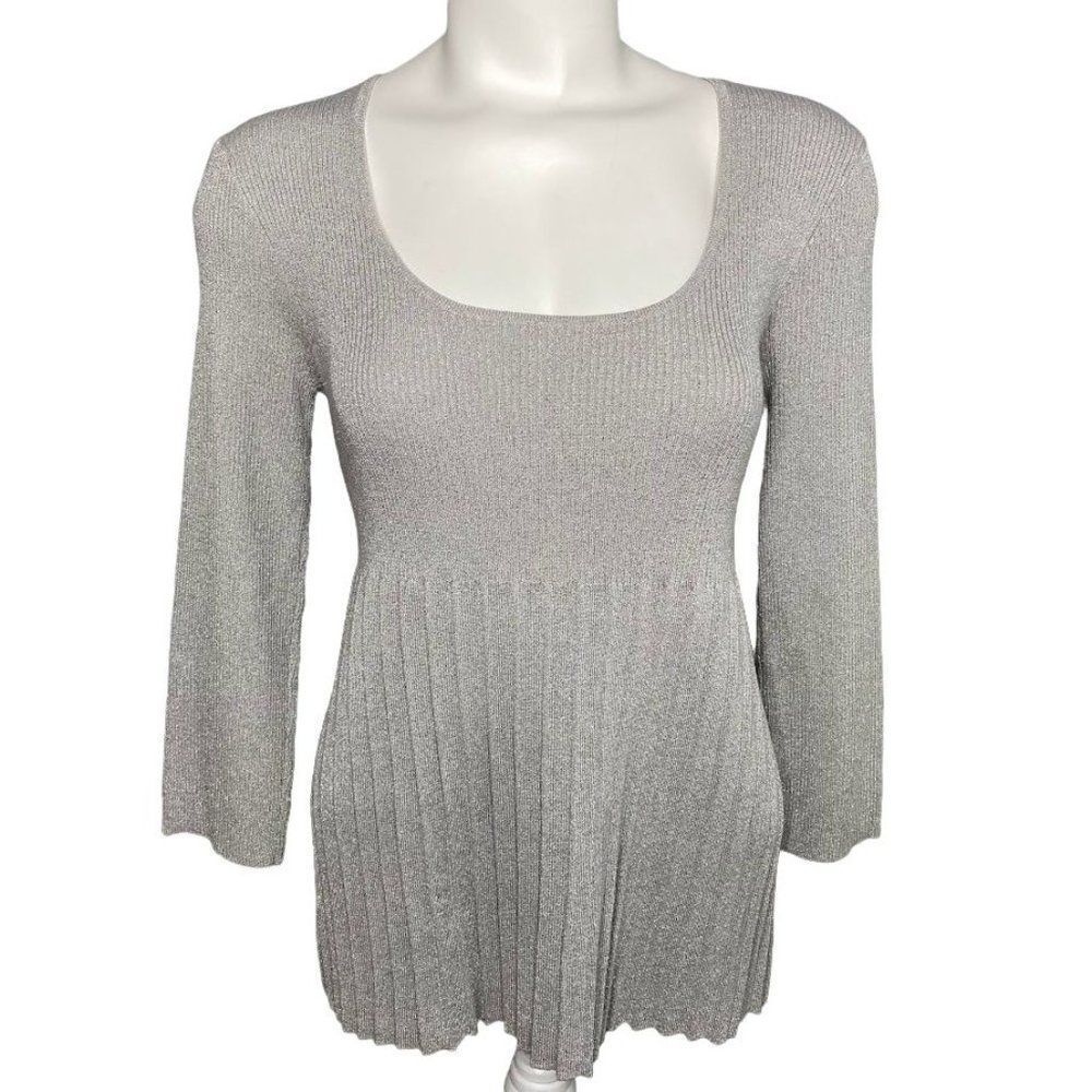 Grace Elements Silver Metallic Square Neckline Ribbed Pleated Knit Top Large NEW